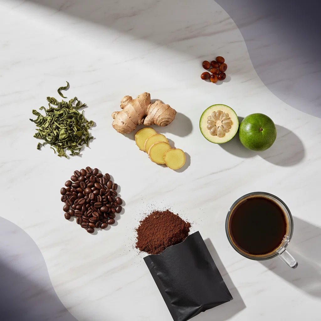 Green tea and guarana food supplement ingredients - green tea leaves, guarana seeds, ginger and garcinia cambogia on white marble